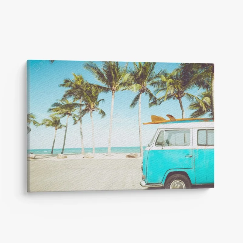 Canvas print vintage surf van at tropical beach