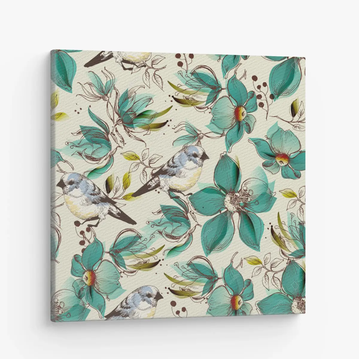 Canvas print retro teal floral and bird pattern • Wallissimo®