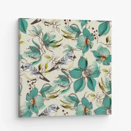 Canvas print retro teal floral and bird pattern • Wallissimo®