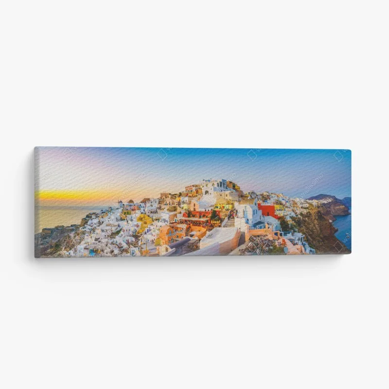 Canvas print sunset over Santorini village panoramic view