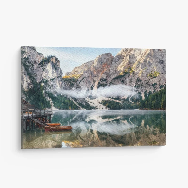 Canvas print misty alpine lake reflection ⁕ Wallissimo®