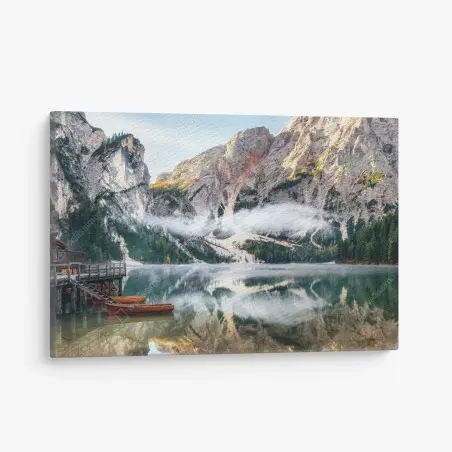 Canvas print misty alpine lake reflection • Wallissimo®