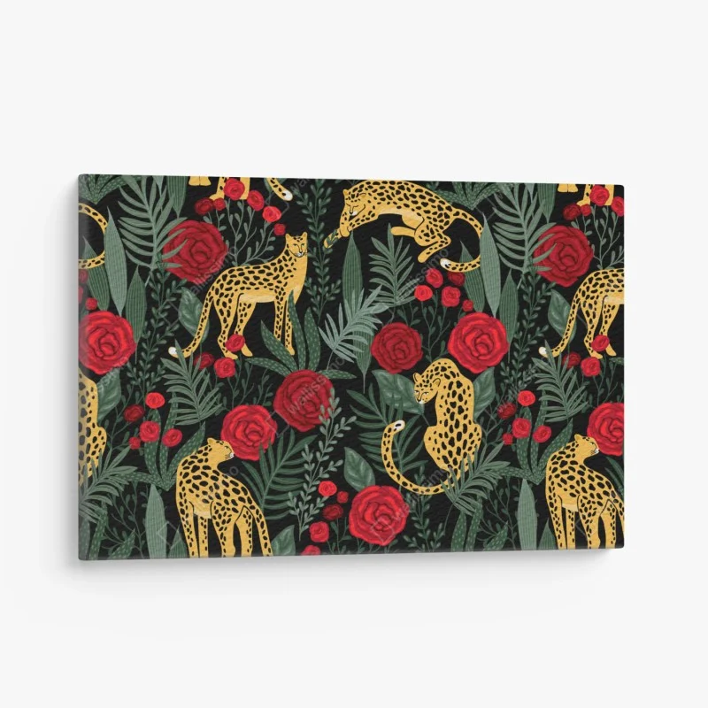 Canvas print golden leopards and red roses pattern