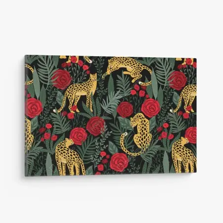 Canvas print golden leopards and red roses pattern • Wallissimo®