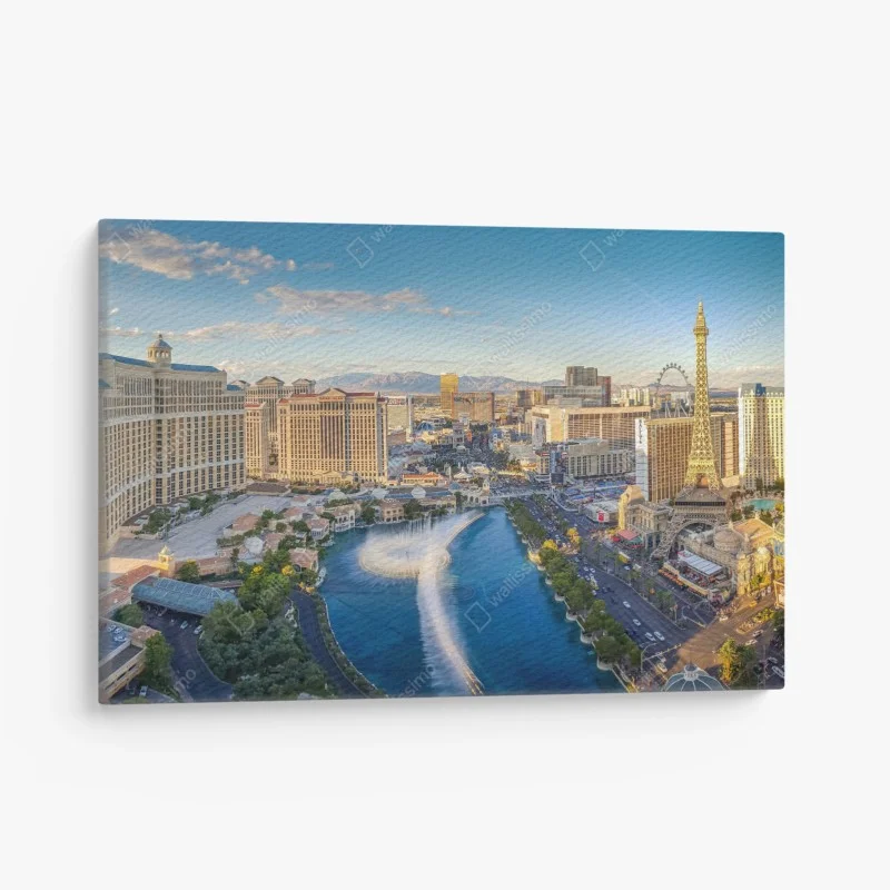 Canvas print Las Vegas skyline with Bellagio fountains and Eiffel Tower