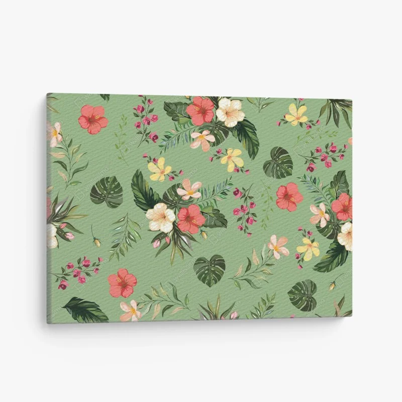 Canvas print green tropical hibiscus pattern