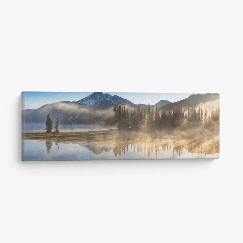 Canvas print misty mountain reflection at sunrise