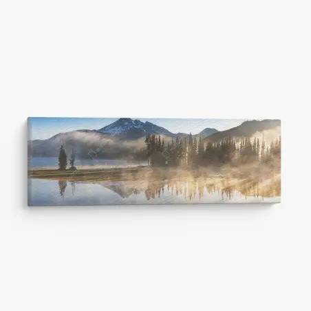 Canvas print misty mountain reflection at sunrise • Wallissimo®