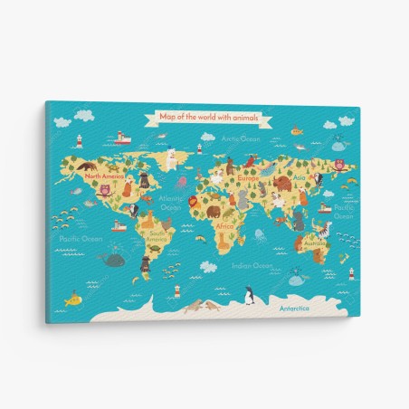 Canvas print playful world map with animals • Wallissimo®