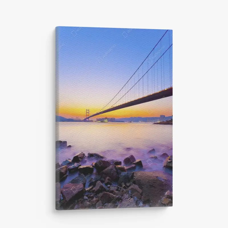 Canvas print golden sunset over suspension bridge