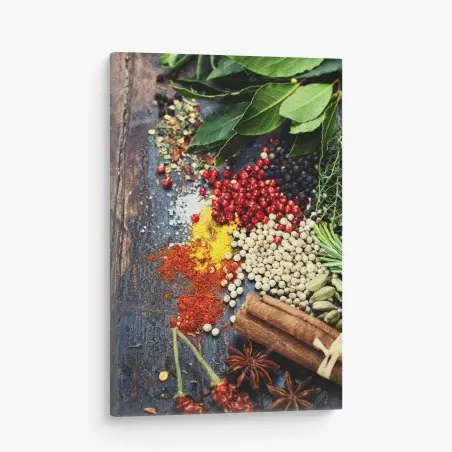 Canvas print vibrant spice assortment on rustic wood • Wallissimo®
