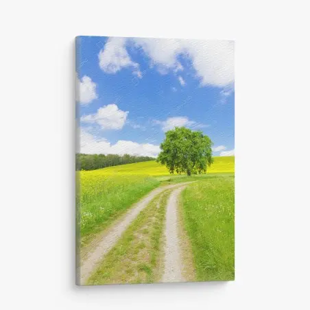 Canvas print sunlit country path and lone tree • Wallissimo®