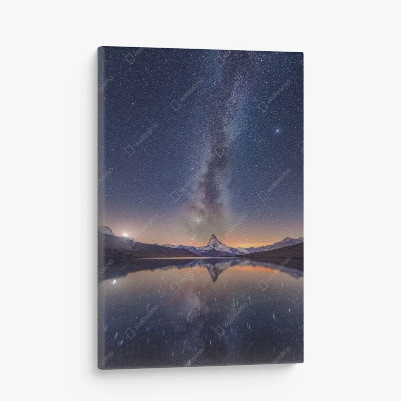 Canvas print milky way over alpine peak reflected in a tranquil lake