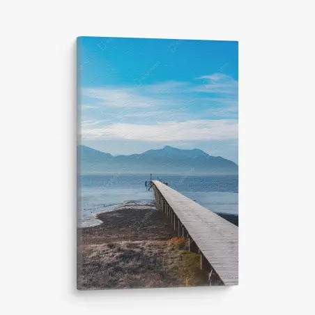 Canvas print misty mountain pier at dawn • Wallissimo®