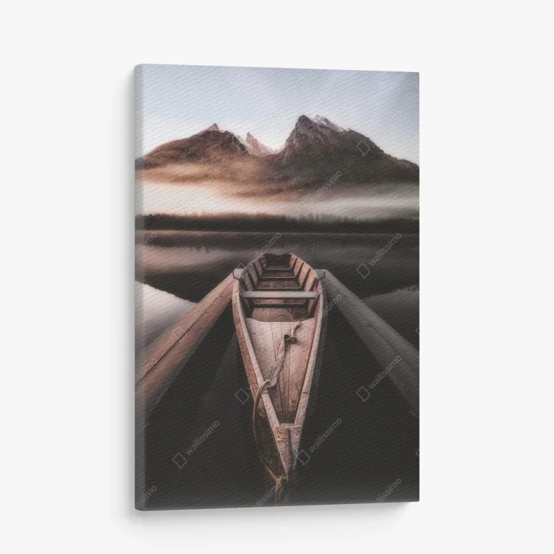 Canvas print misty mountain boat at dawn