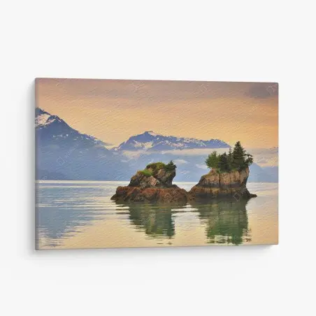 Canvas print serene island reflections at sunset • Wallissimo®