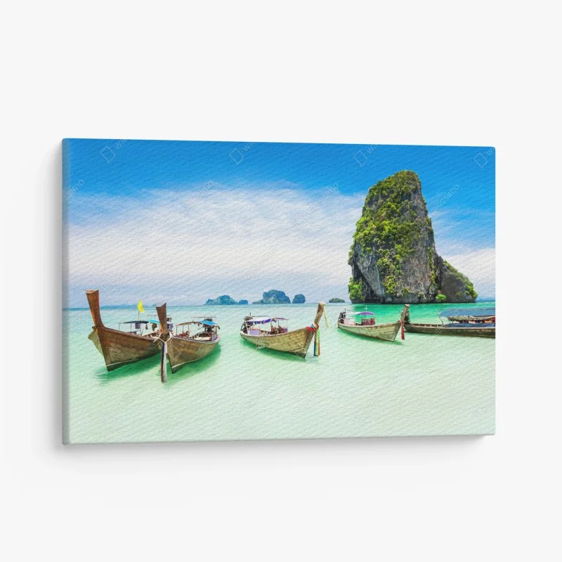 Canvas print tropical longtail boats on turquoise beach