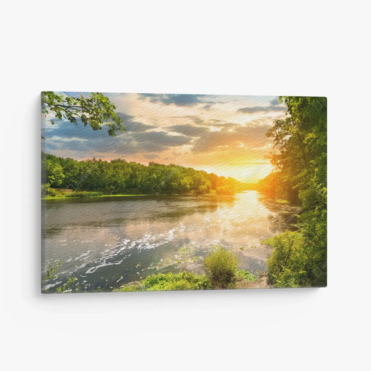 Canvas print serene riverside sunset over lush forest • Wallissimo®