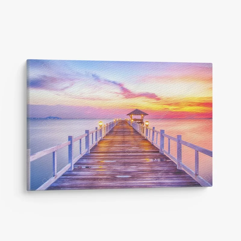 Canvas print sunset pier leading to tranquil horizon