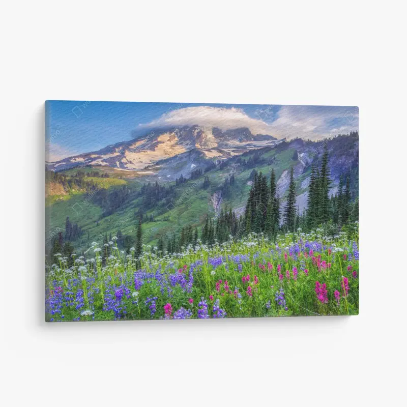 Canvas print alpine wildflower meadow beneath snow-capped mountain