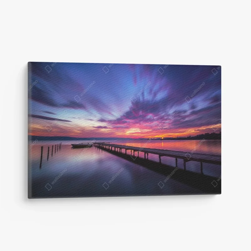 Canvas print sunset over tranquil lake with wooden pier