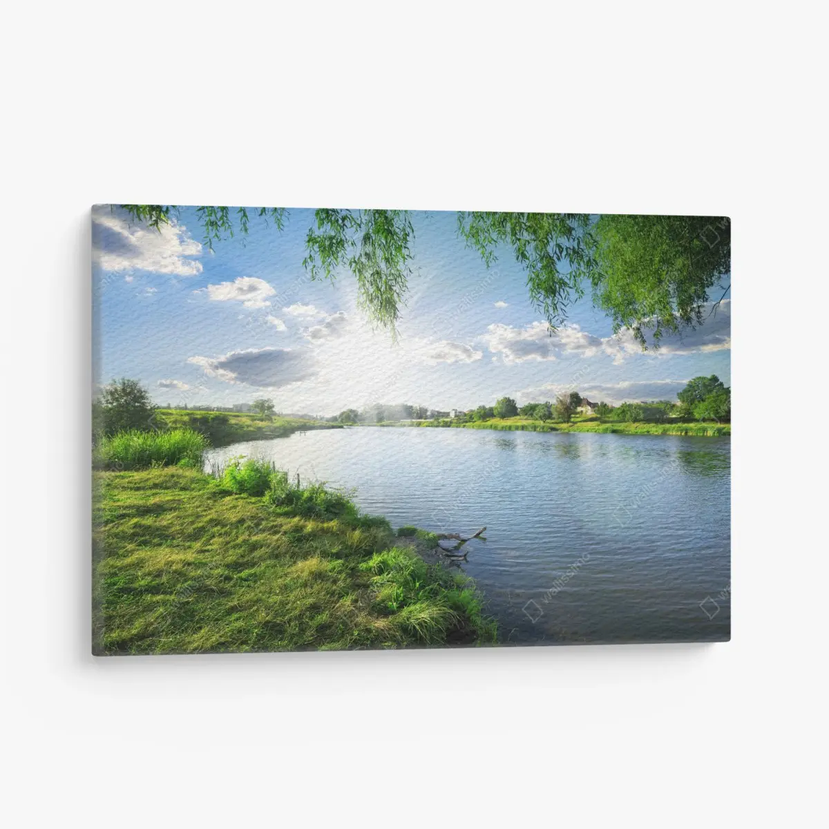 Canvas print sunlit riverside landscape with lush greenery • Wallissimo®