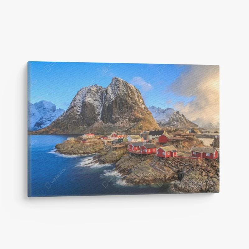 Canvas print coastal village in Norway with red fishing cabins