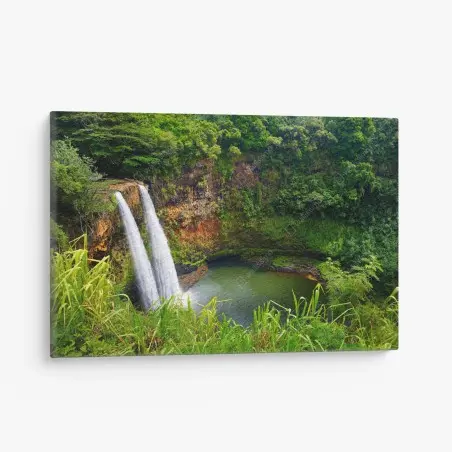 Canvas print double waterfall in lush green forest • Wallissimo®