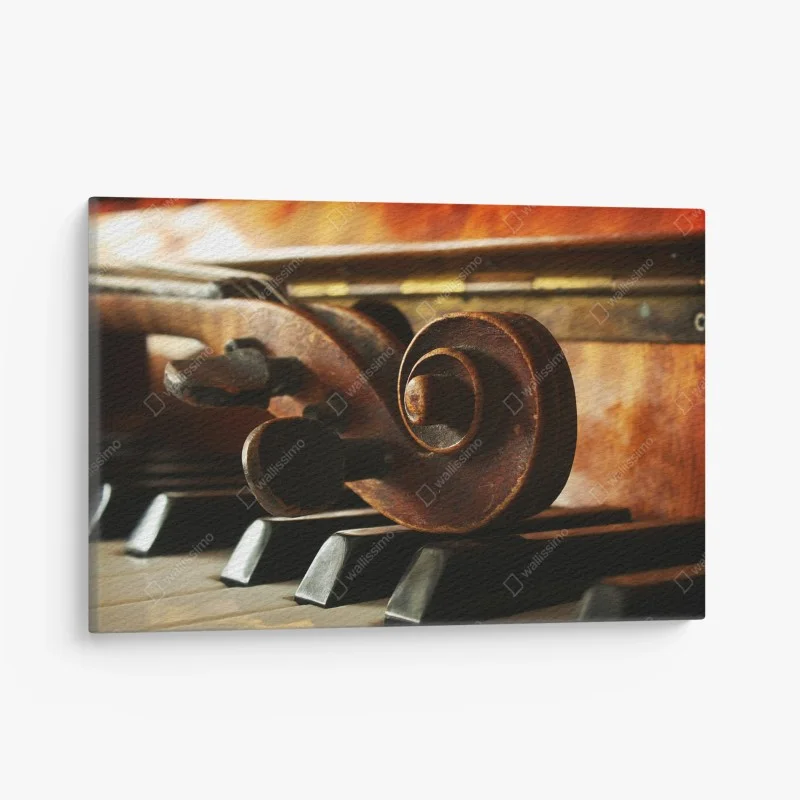 Canvas print vintage violin scroll on piano keys