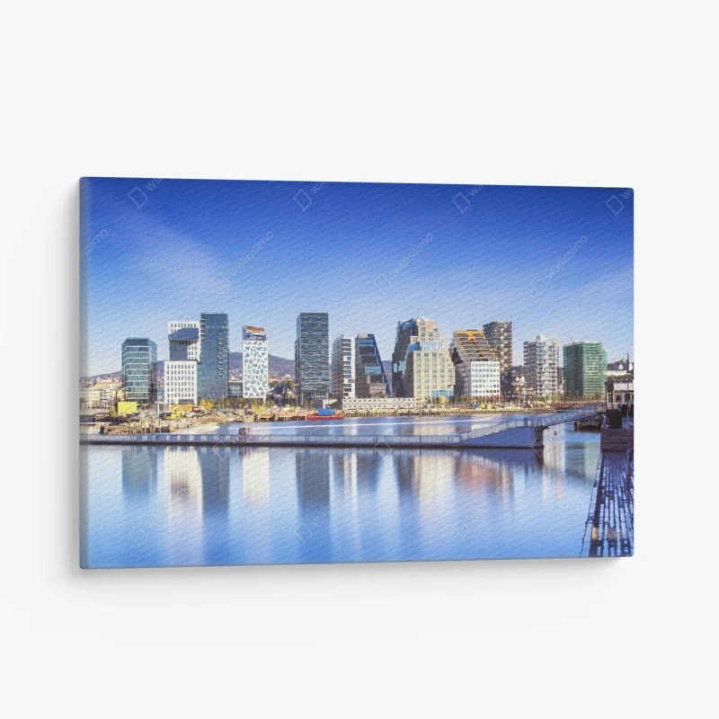 Canvas print modern waterfront skyline reflections