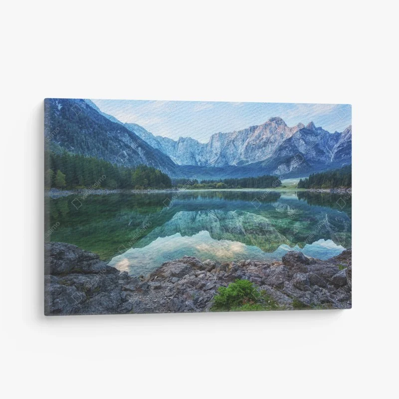 Canvas print early morning on Lake Fusine, Julian Alps