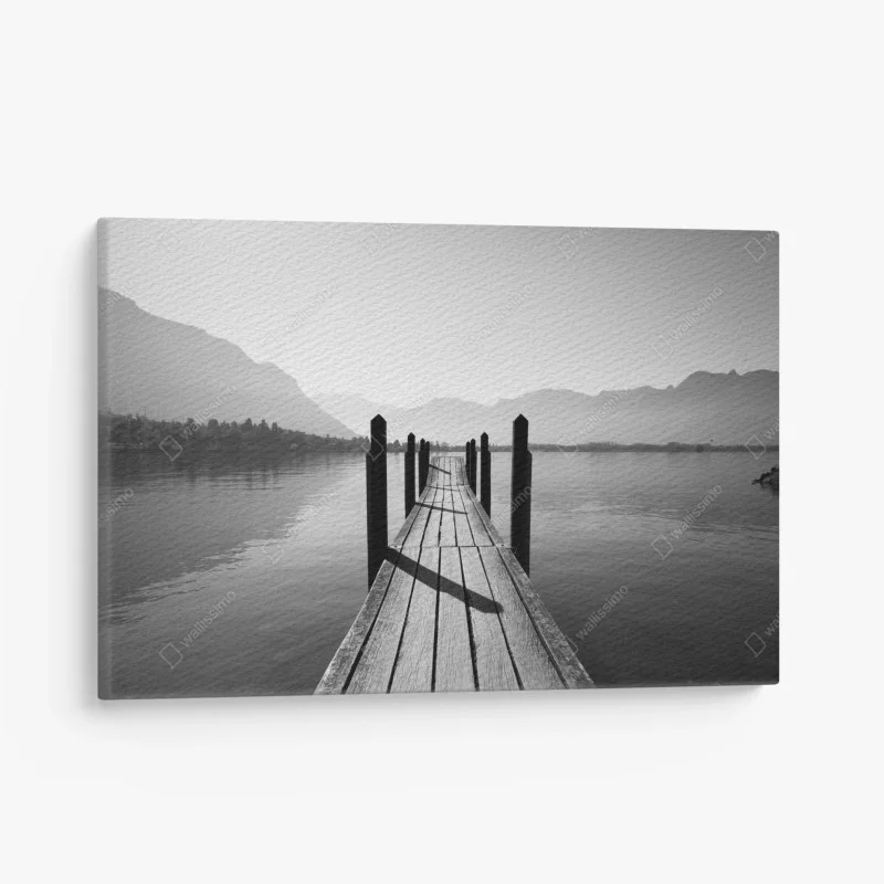 Canvas print serene lakeside pier in monochrome