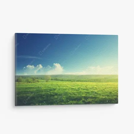 Canvas print sunlit spring meadow at sunset • Wallissimo®