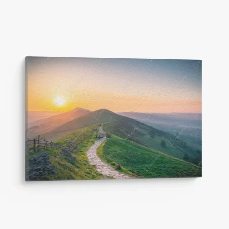 Canvas print sunrise ridge path over rolling hills • Wallissimo®