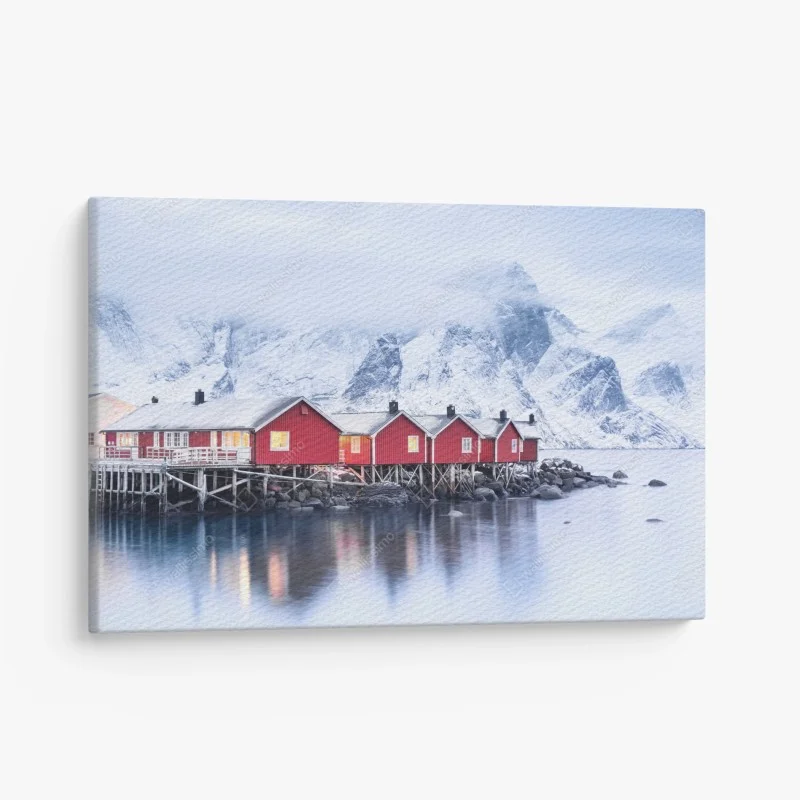 Canvas print sunrise over Lofoten red cabins