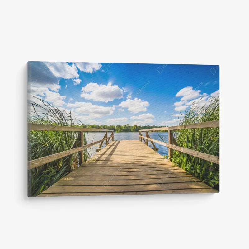 Canvas print sunlit lakeside dock at midday