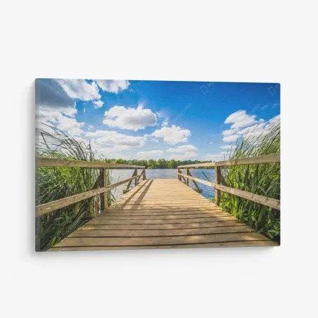 Canvas print sunlit lakeside dock at midday • Wallissimo®