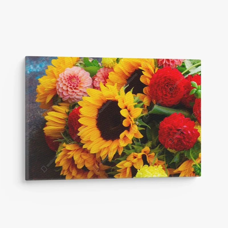 Canvas print sunflower and dahlia bouquet close-up