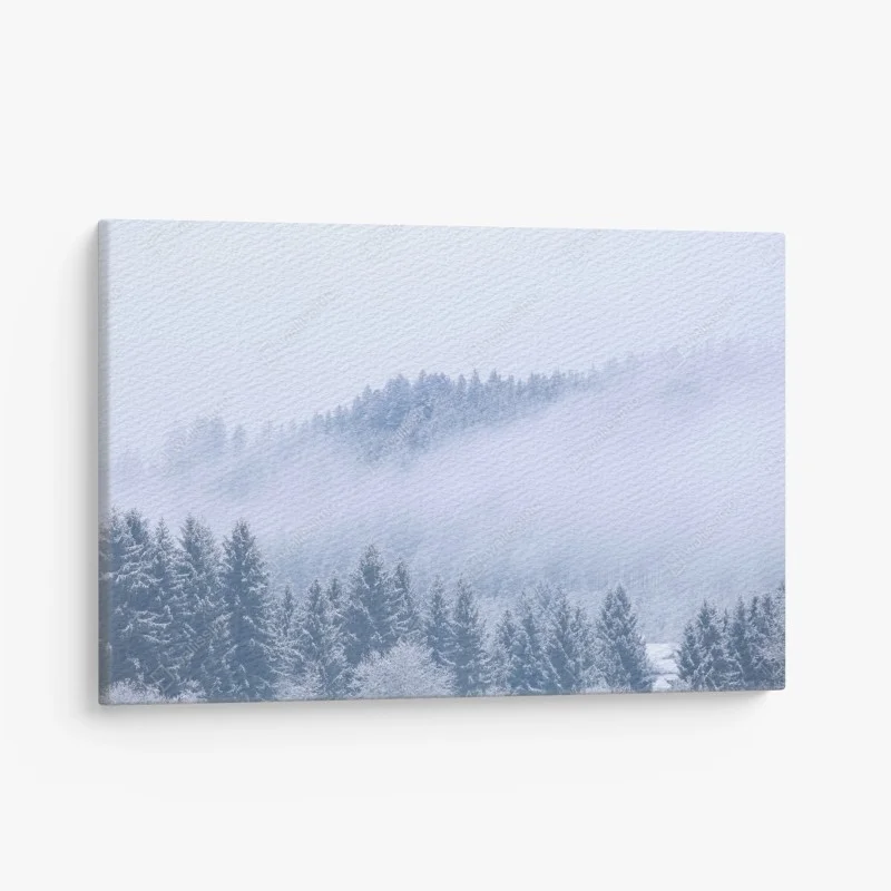 Canvas print winter mist over coniferous forest ⁕ Wallissimo®