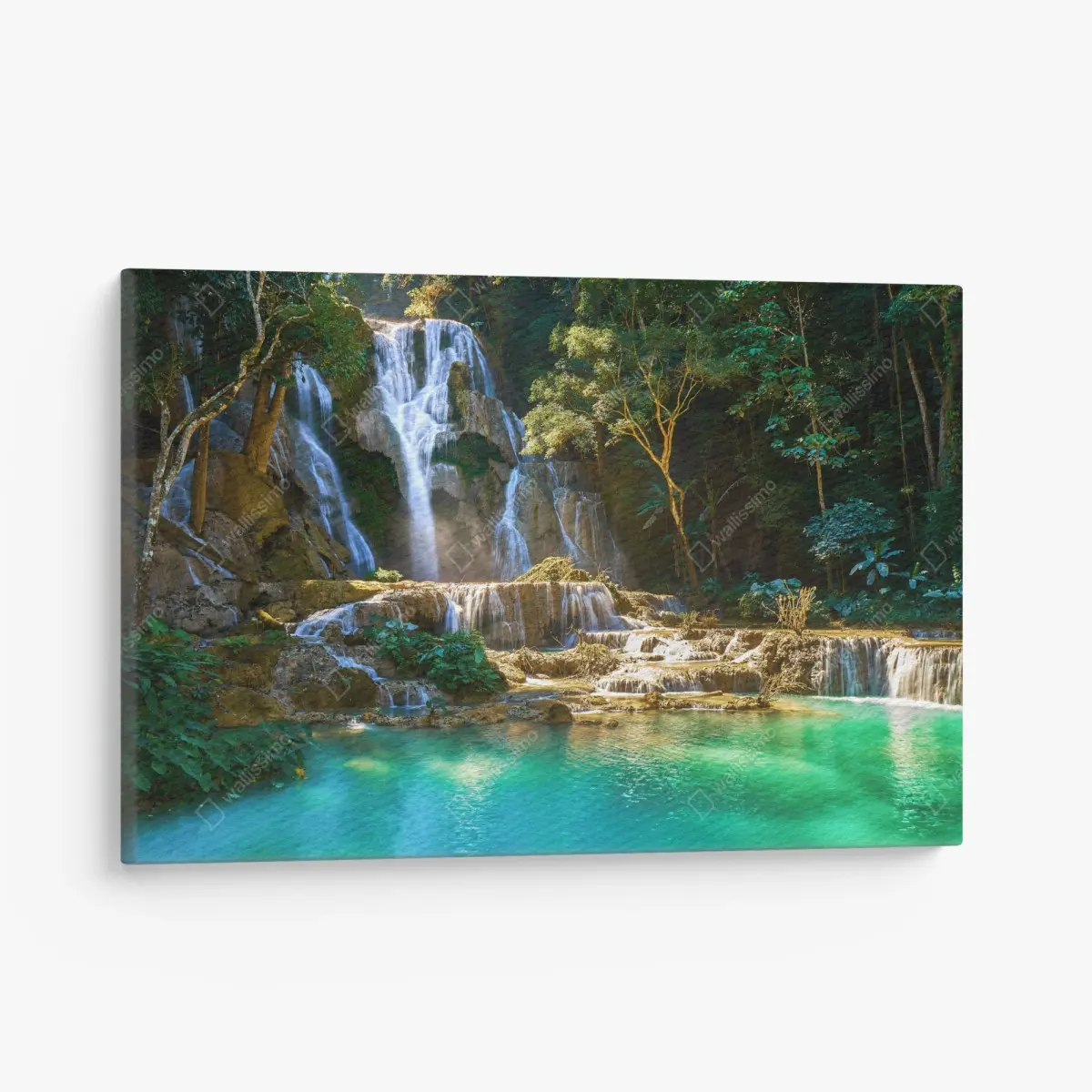 Canvas print turquoise waterfall in lush forest • Wallissimo®