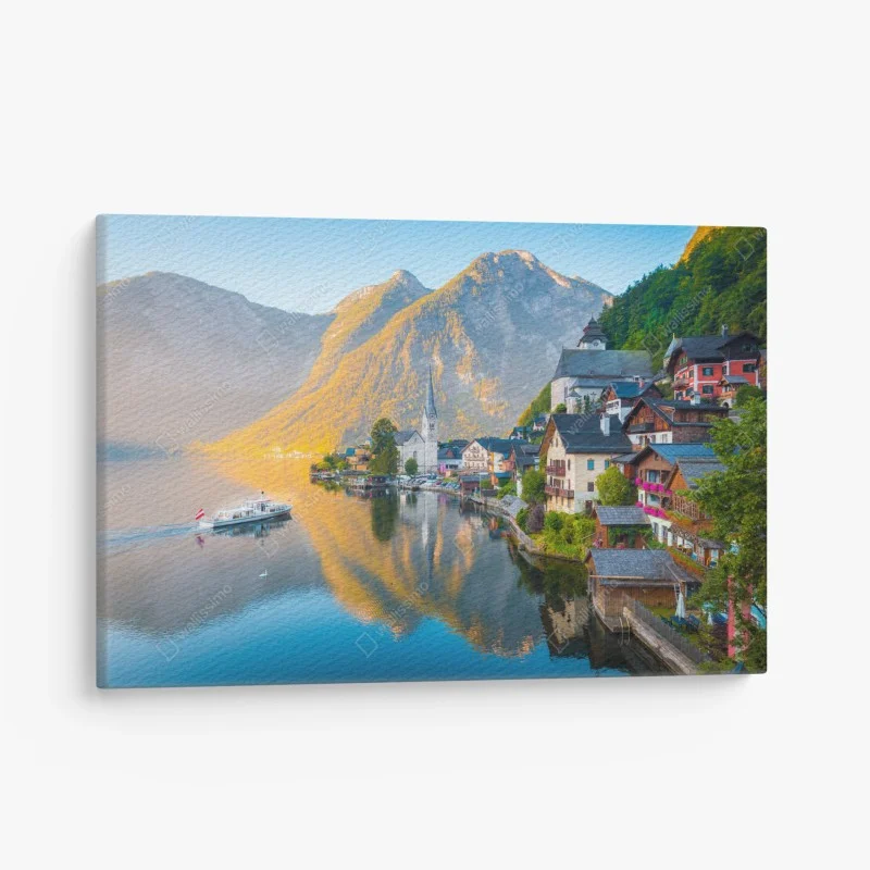 Canvas print morning glow over Hallstatt lakeside village