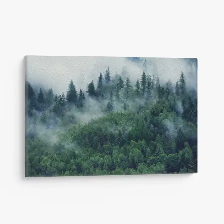 Canvas print misty green forest landscape • Wallissimo®