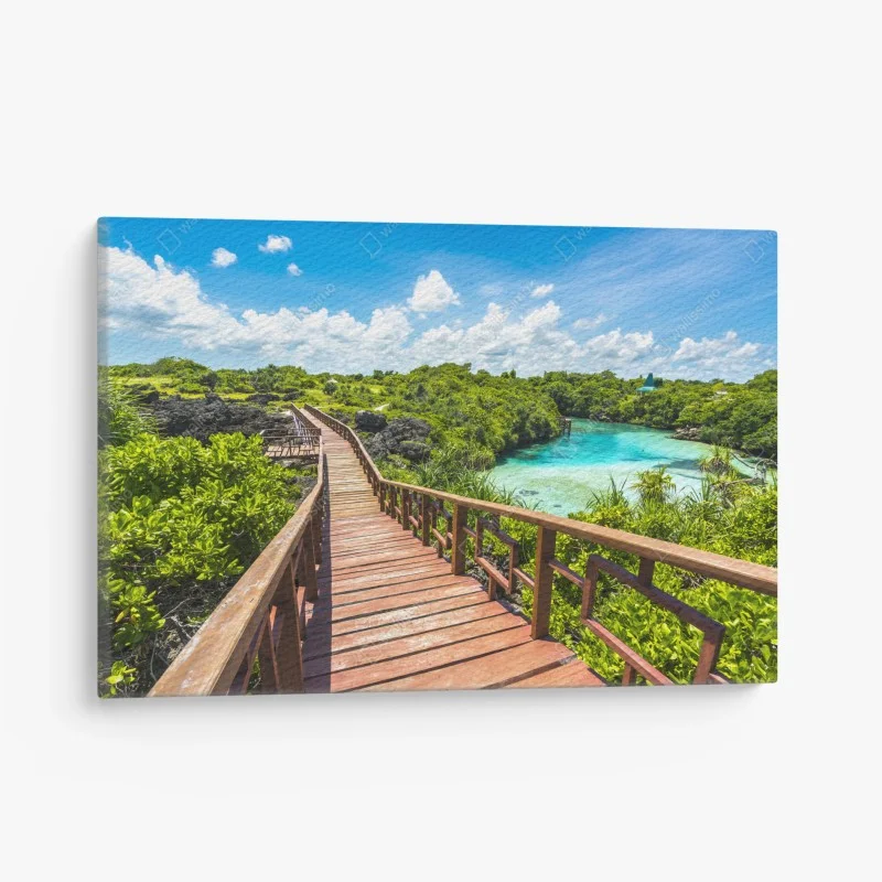 Canvas print tropical wooden boardwalk to turquoise lagoon