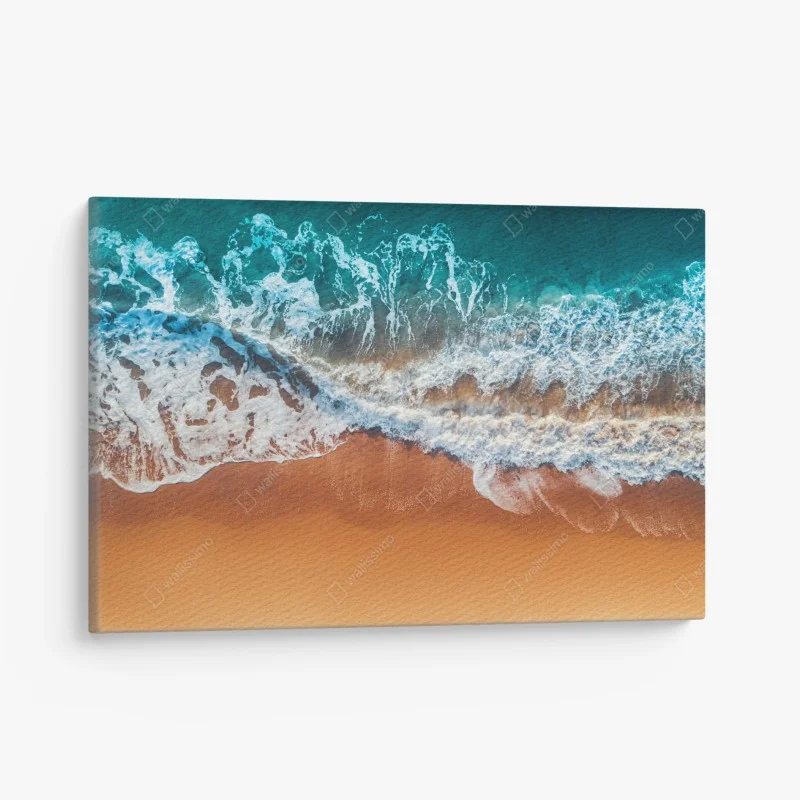 Canvas print aerial view of turquoise waves on sandy beach