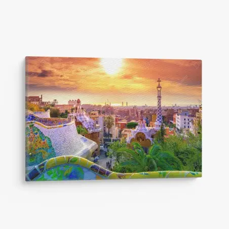 Canvas print sunset over Park Güell, Barcelona • Wallissimo®