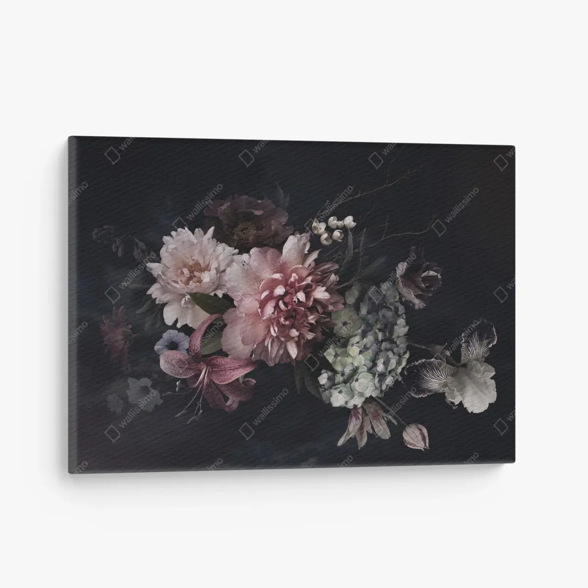 Canvas print moody peony and hydrangea bouquet • Wallissimo®