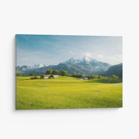 Canvas print alpine meadow beneath snowcapped peaks • Wallissimo®