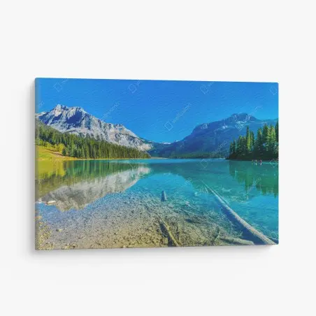 Canvas print turquoise alpine lake with mountain reflections • Wallissimo®