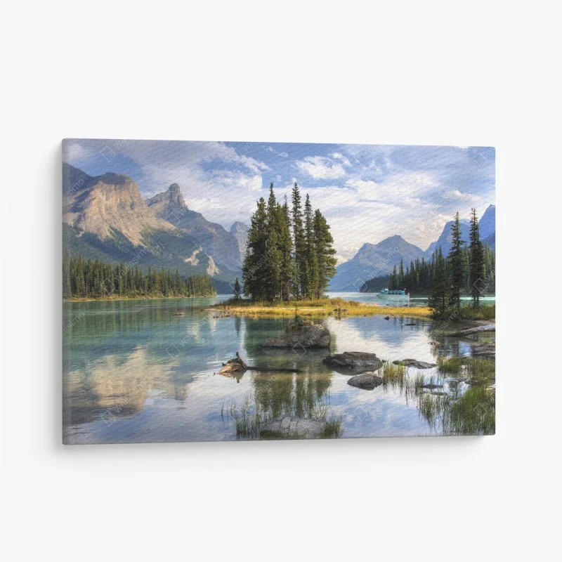Canvas print serene alpine lake with island and mountains