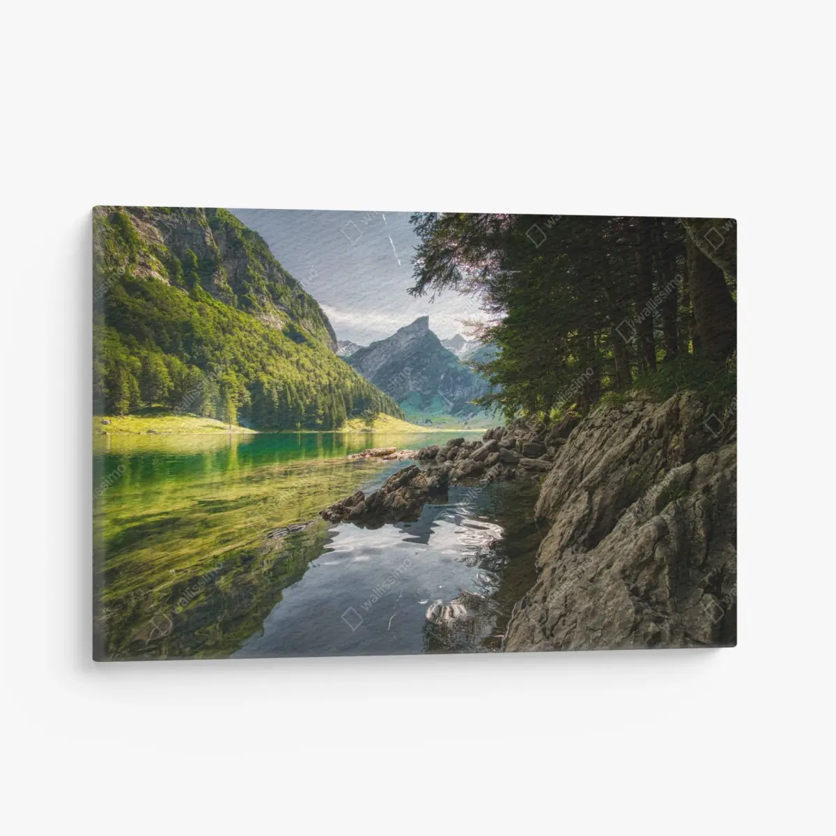 Canvas print serene mountain lake with forest reflections • Wallissimo®